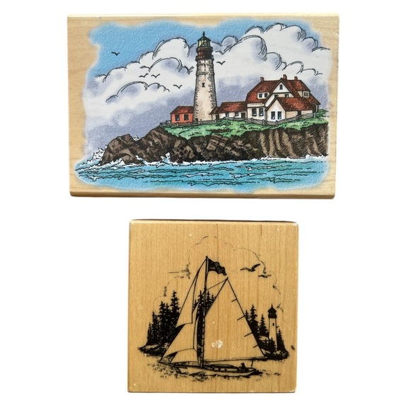 Nautical Themed Lot of 2 Wood Mounted Rubber Stamps Sailboat Lighthouse Stamping - Picture 1 of 8